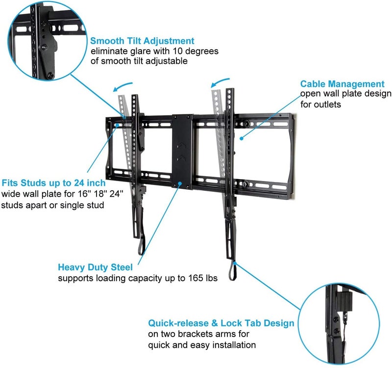 VideoSecu Tilt TV Wall Mount Bracket for Most 23"- 65" LCD LED Plasma TV Flat Panel Screen with VESA 200x100 to 600x400mm, Load Capacity 165lbs, 15 Degree Tilt up or down - Bonus 10 ft HDMI Cable and Magnetic Bubble Level MF608B BBM - Image 3